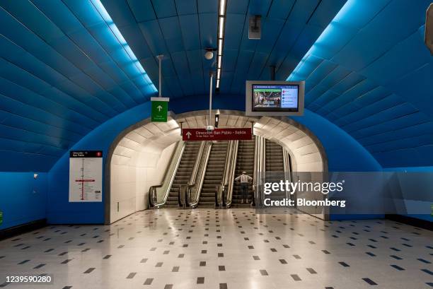 Escalators in a subway station in Santiago, Chile, on Monday, March 28, 2022. Chile's central bank is likely to increase its benchmark rate by 150...