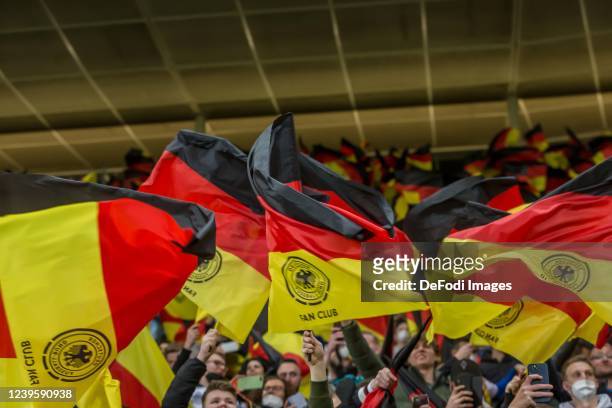 Germany fans with flags during the international friendly match between Germany and Israel at PreZero-Arena on March 26, 2022 in Sinsheim, Germany.