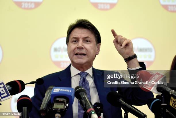 Former Prime Minister Giuseppe Conte speaks during the press conference at the end of the plenary meeting of the 5 Star Movement Committees on March...