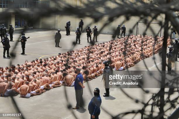 Salvadoran gang members of the "Mara Salvatrucha MS" and the "Mara Barrio 18" are seen during a search by security teams in the prisons of...