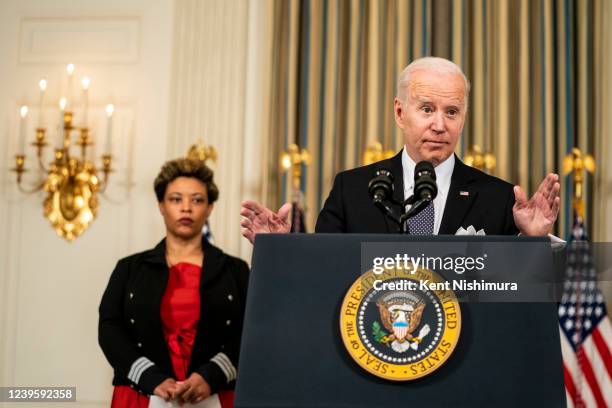 President Joe Biden takes questions from reporters after announcing his Budget for Fiscal Year 2023 along with Office of Management and Budget...