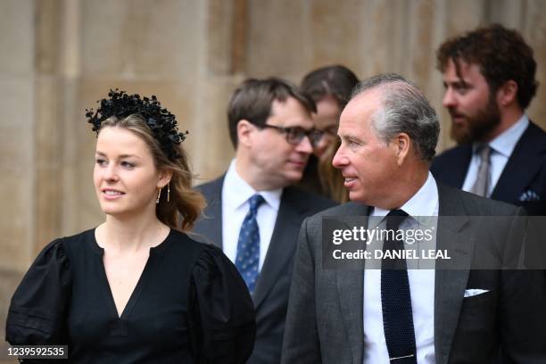 David Armstrong-Jones, 2nd Earl of Snowdon and his daughter Margarita Armstrong-Jones leave after attending a Service of Thanksgiving for Britain's...