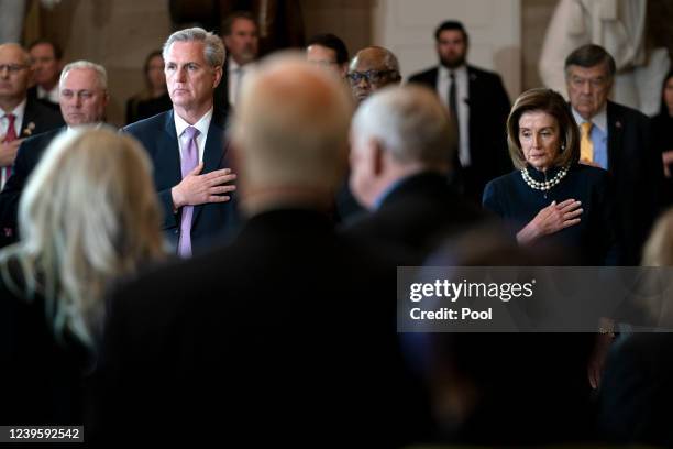 House Minority Leader Kevin McCarthy and Speaker Nancy Pelosi attend the ceremony for late Rep. Don Young as he lies in state in Statuary Hall at the...