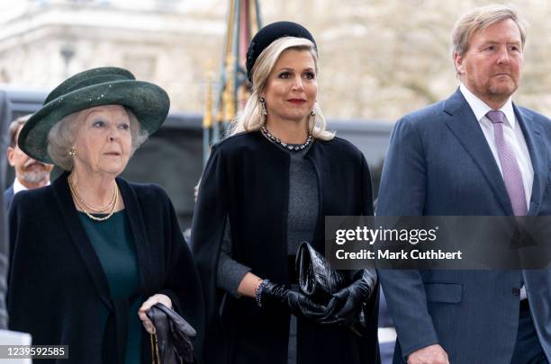 Princess Beatrix of the Netherlands with King Willem-Alexander of the Netherlands and Queen Maxima of the Netherlands attend a memorial service for...