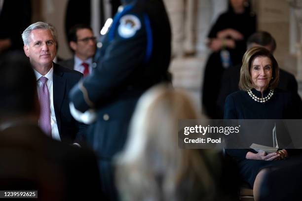 House Minority Leader Kevin McCarthy and Speaker Nancy Pelosi attend the ceremony for late Rep. Don Young as he lies in state in Statuary Hall at the...