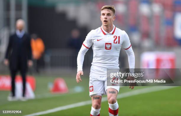 Michal Skoras of Poland looks on during the international friendly match between Poland U21 and Hungary U21 on March 29, 2022 in Zabrze, Poland.