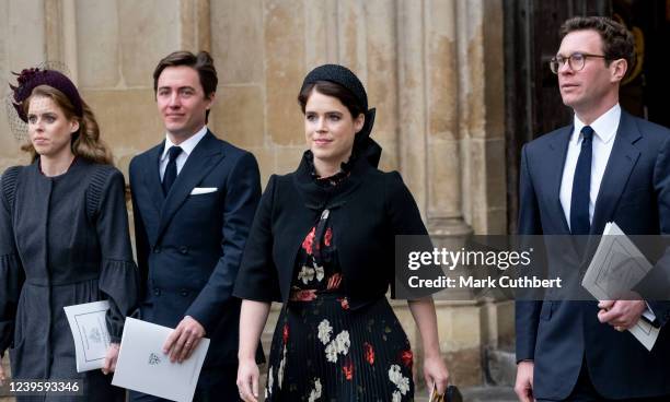 Princess Beatrice and Edoardo Mapelli Mozzi with Princess Eugenie and Jack Brooksbank attend a memorial service for the Duke of Edinburgh at...