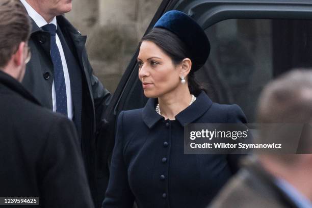 Secretary of State for the Home Department Priti Patel arrives for the Service of Thanksgiving for Prince Philip at Westminster Abbey on March 29,...