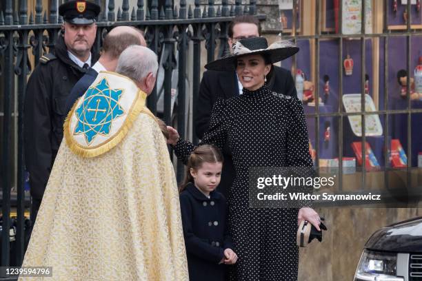 Princess Charlotte of Cambridge and Catherine, Duchess of Cambridge leave after the Service of Thanksgiving for Prince Philip at Westminster Abbey on...