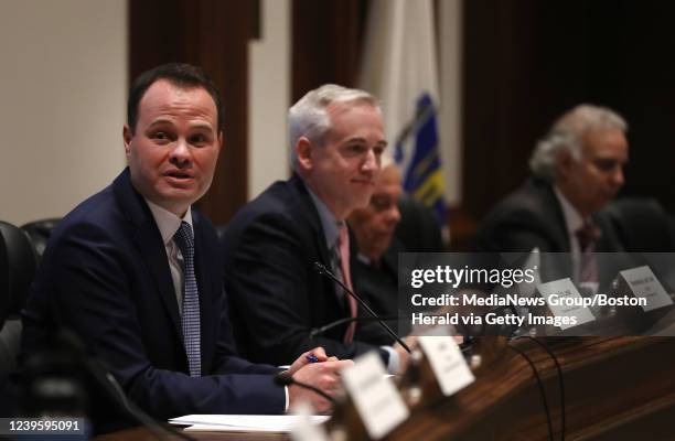 Co-Chairs Senator Eric Lesser and Rep.Josh Cutler speak during the Future of Work Commission meeting at the State House on March 29, 2022 in Beacon...