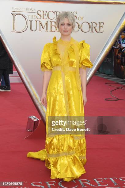 Alison Sudol attends the World Premiere of "Fantastic Beasts: The Secrets Of Dumbledore" at The Royal Festival Hall on March 29, 2022 in London,...
