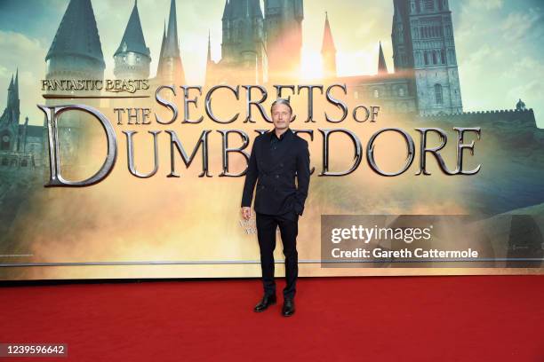 Mads Mikkelsen attends the "Fantastic Beasts: The Secrets of Dumbledore" world premiere at The Royal Festival Hall on March 29, 2022 in London,...