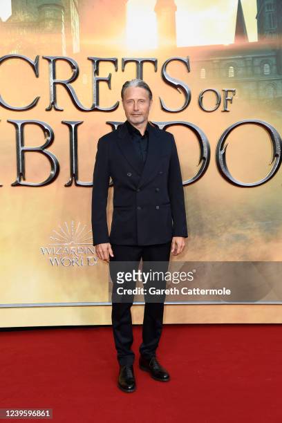 Mads Mikkelsen attends the "Fantastic Beasts: The Secrets of Dumbledore" world premiere at The Royal Festival Hall on March 29, 2022 in London,...