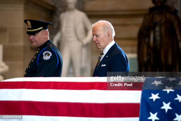 President Joe Biden pays his respects to the late Rep. Don Young as Young lies in state in Statuary Hall at the U.S. Capitol on March 29, 2022 in...