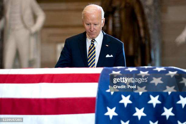 President Joe Biden pays his respects to the late Rep. Don Young as Young lies in state in Statuary Hall at the U.S. Capitol on March 29, 2022 in...