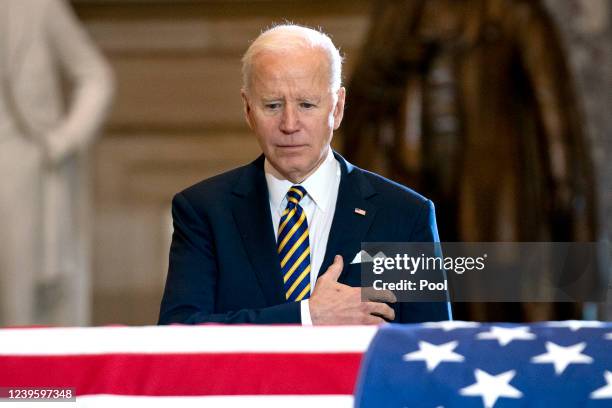 President Joe Biden pays his respects to the late Rep. Don Young as Young lies in state in Statuary Hall at the U.S. Capitol on March 29, 2022 in...