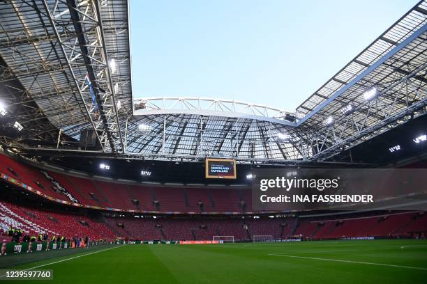 General view shows the empty pitch before the friendly football match between The Netherlands and Germany at the Johan Cruyff ArenA in Amsterdam on...