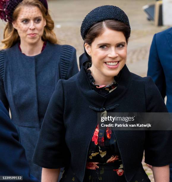 Princess Beatrice and Princess Eugenie at the memorial service for the Duke of Edinburgh at Westminster Abbey on March 29, 2022 in London, England.