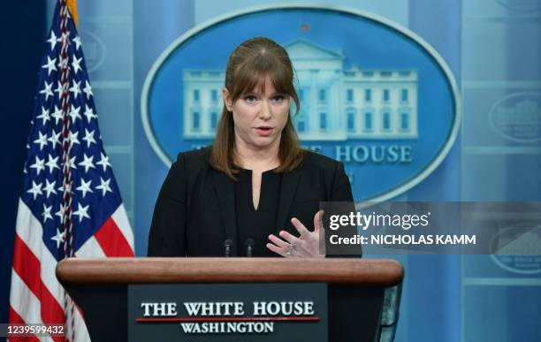 White House Director of Communications Kate Bedingfield speaks during a briefing in the James S. Brady Press Briefing Room of the White House in...