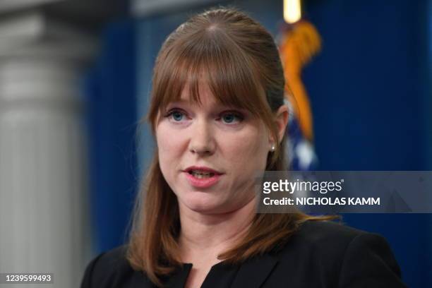 White House Director of Communications Kate Bedingfield speaks during a briefing in the James S. Brady Press Briefing Room of the White House in...
