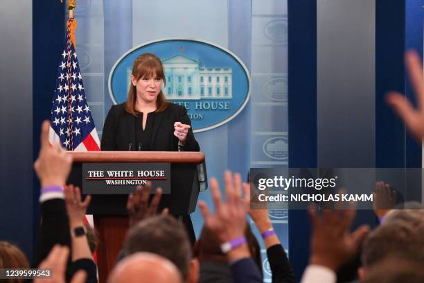 White House Director of Communications Kate Bedingfield speaks during a briefing in the James S. Brady Press Briefing Room of the White House in...