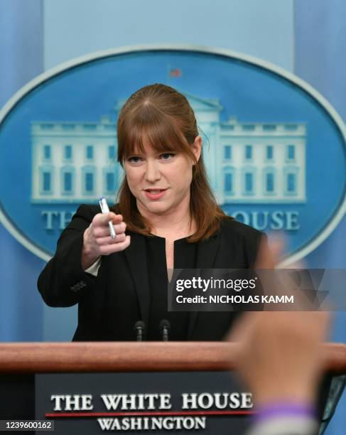 White House Director of Communications Kate Bedingfield speaks during a briefing in the James S. Brady Press Briefing Room of the White House in...