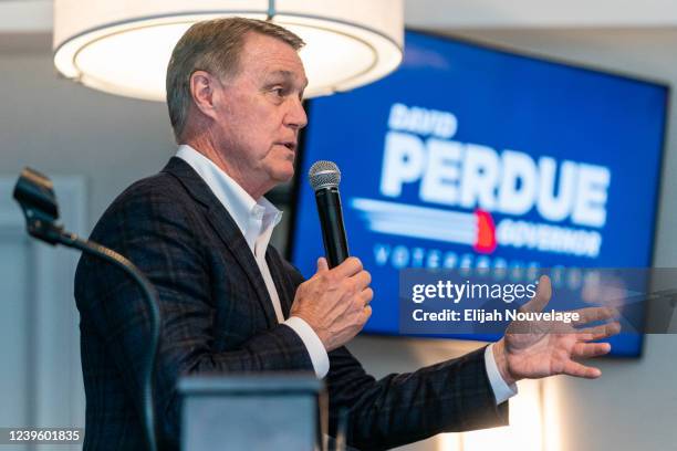 Republican Gubernatorial candidate David Perdue speaks at a campaign event on March 29, 2022 in Duluth, Georgia. Former U.S. Sen. David Perdue is...