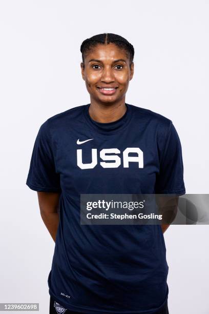 Angel McCoughtry of the New York Liberty poses for a portrait for the USA Womens National Team on February 6, 2022 at Entertainment & Sports Arena in...