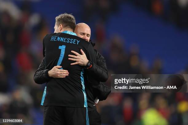 Wayne Hennessey of Wales and Rob Page the caretaker manager / head coach of Wales during the international friendly match between Wales and Czech...