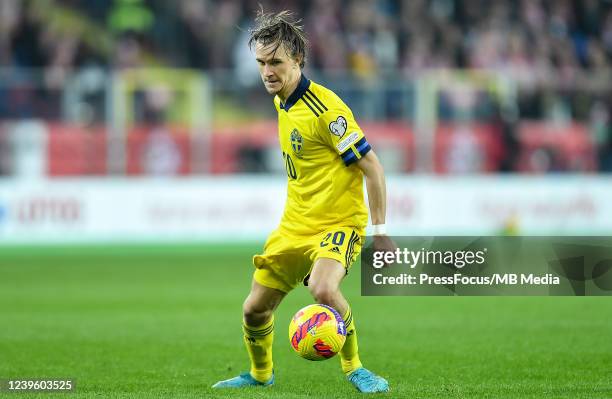 Kristoffer Olsson of Sweden in action during the 2022 FIFA World Cup Qualifier knockout round play-off match between Poland and Sweden at Silesian...