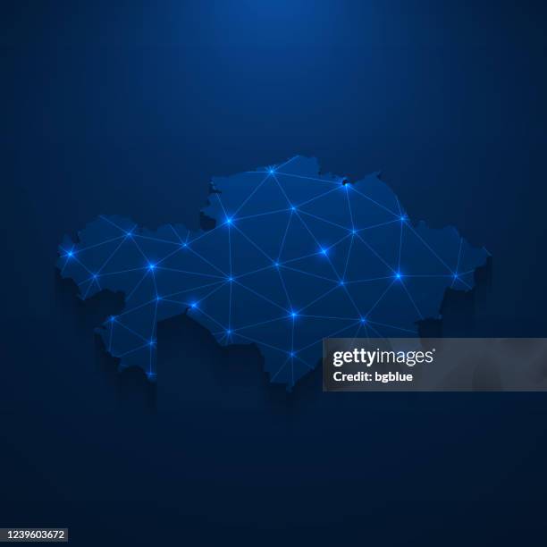 kazakhstan map network - bright mesh on dark blue background - astana kazakhstan stock illustrations