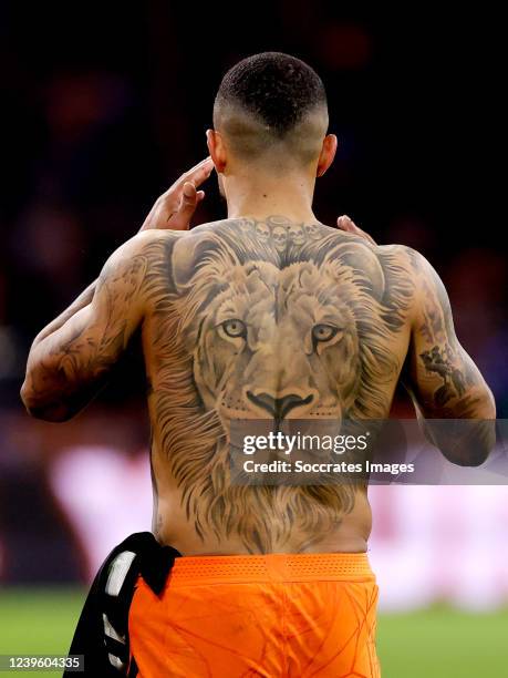 Memphis Depay of Holland with Lion tattoo during the International Friendly match between Holland v Germany at the Johan Cruijff Arena on March 29,...