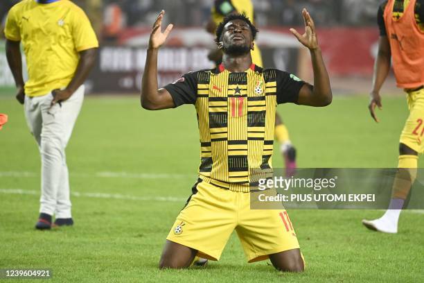 Ghana's Osman Bukari celebrate after Ghana's victory during the World Cup 2022 qualifying football match between Nigeria and Ghana at the National...