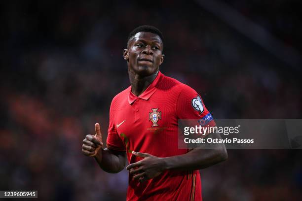 Nuno Mendes of Portugal in action during the 2022 FIFA World Cup Qualifier knockout round play-off match between Portugal and North Macedonia at...