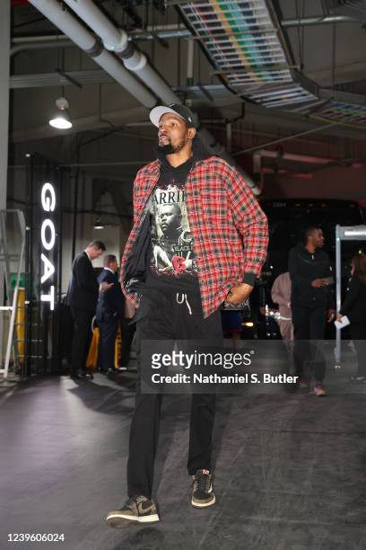 Kevin Durant of the Brooklyn Nets arrives to the arena before the game against the Detroit Pistons on March 29, 2022 at Barclays Center in Brooklyn,...