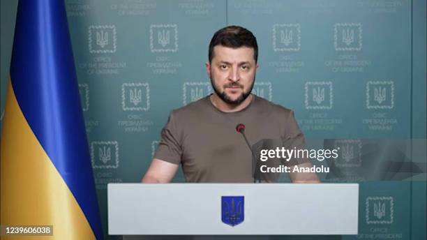 Ukrainian President Volodymyr Zelenskyy speaks on the talks held in Turkiye between the negotiating delegations of Ukraine and Russia, in Kyiv,...