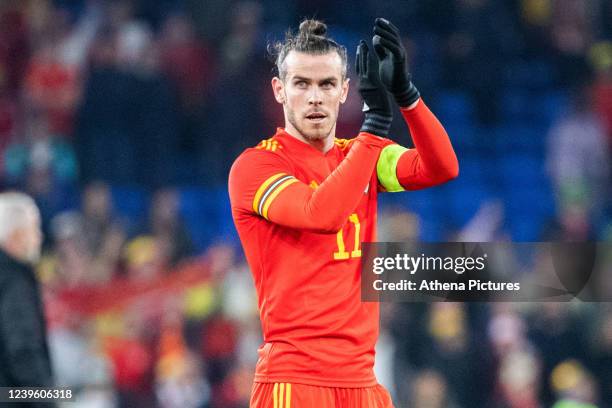 Gareth Bale of Wales applauds the fans during the International Friendly match between Wales and Czech Republic at Cardiff City Stadium on March 29,...
