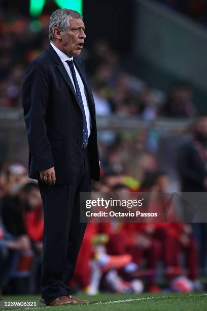 Fernando Santos, Head Coach of Portugal gives their team instructions during the 2022 FIFA World Cup Qualifier knockout round play-off match between...