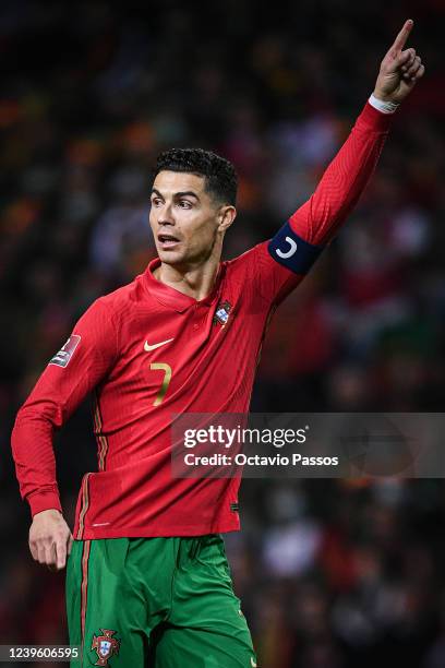 Cristiano Ronaldo of Portugal reacts during the 2022 FIFA World Cup Qualifier knockout round play-off match between Portugal and North Macedonia at...