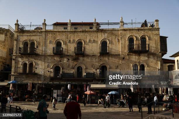 View of hotel as Greek Orthodox Church leaders and European diplomats gather to protest takeover of the part of historic Petra Hotel by Jewish...