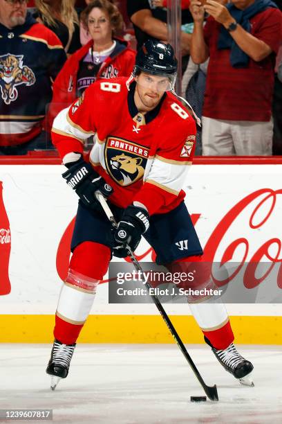 Ben Chiarot of the Florida Panthers warms up on the ice prior to the start of the game against the Montreal Canadiens at the FLA Live Arena on March...