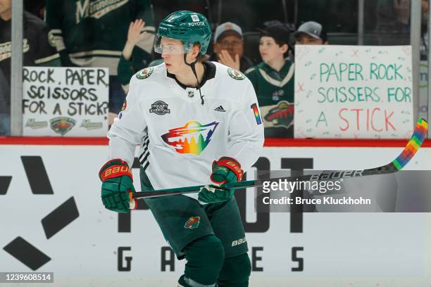 Matt Boldy of the Minnesota Wild warms up wearing a Pride Night jersey prior to the game against the Philadelphia Flyers at the Xcel Energy Center on...