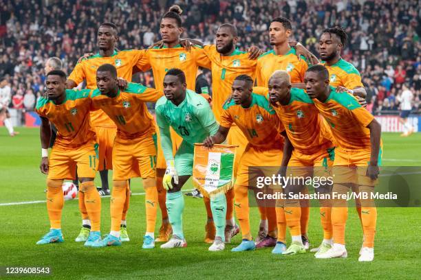 National team of Ivory Coast pose for photo, from top left: Eric Bailly, Simon Deli, Franck Kessie, Sebastien Haller, Maxwel Cornet, from bottom...