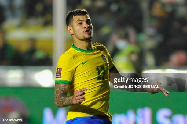 Brazil's Bruno Guimaraes celebrates after scoring against Bolivia during their South American qualification football match for the FIFA World Cup...