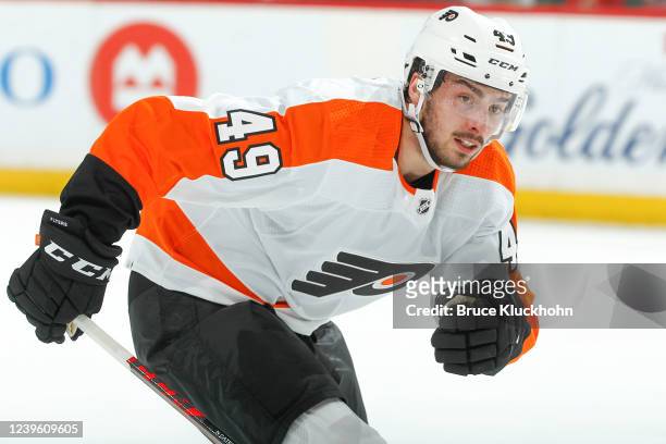 Noah Cates of the Philadelphia Flyers skates in his first career NHL game against the Minnesota Wild at the Xcel Energy Center on March 29, 2022 in...