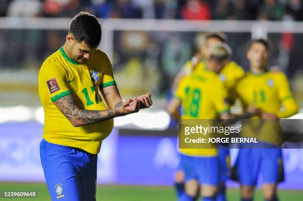 Brazil's Bruno Guimaraes celebrates after scoring against Bolivia during their South American qualification football match for the FIFA World Cup...