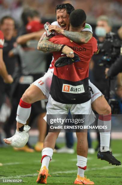 Peru's Gianluca Lapadula celebrates after defeating Paraguay in their South American qualification football match for the FIFA World Cup Qatar 2022...