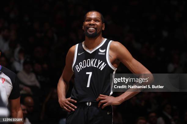 Kevin Durant of the Brooklyn Nets smiles during the game against the Detroit Pistons on March 29, 2022 at Barclays Center in Brooklyn, New York. NOTE...