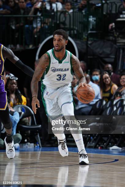 Marquese Chriss of the Dallas Mavericks dribbles the ball during the game against the Los Angeles Lakers on March 29, 2022 at the American Airlines...