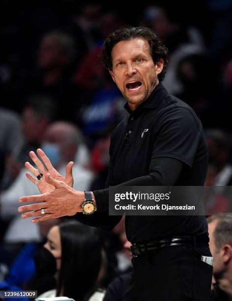 Head coach Quin Snyder of the Utah Jazz yells instructions during the first half against the Los Angeles Clippers at Crypto.com Arena on March 29,...